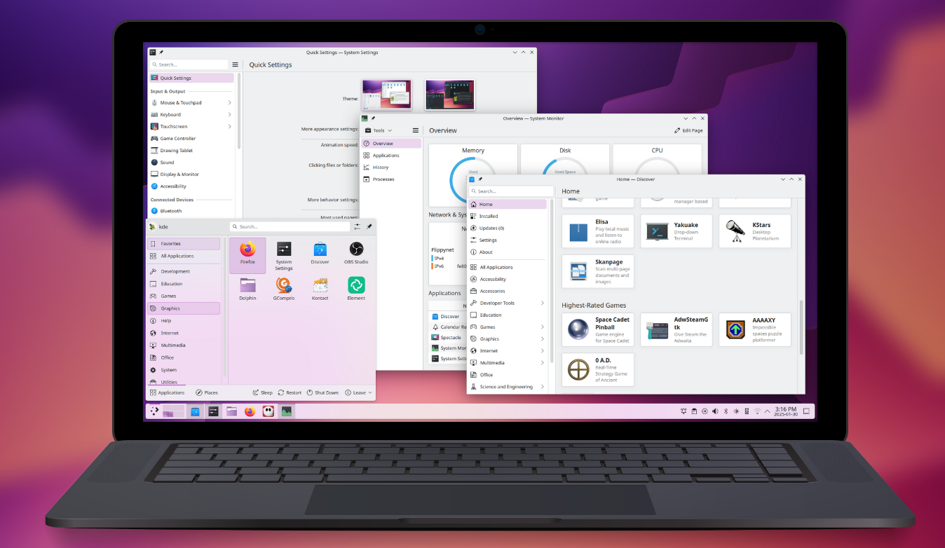 kde KDE Plasma desktop on Neithotep with the Discover app store and system settings open